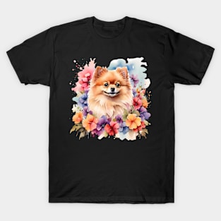 A pomeranian decorated with beautiful watercolor flowers T-Shirt